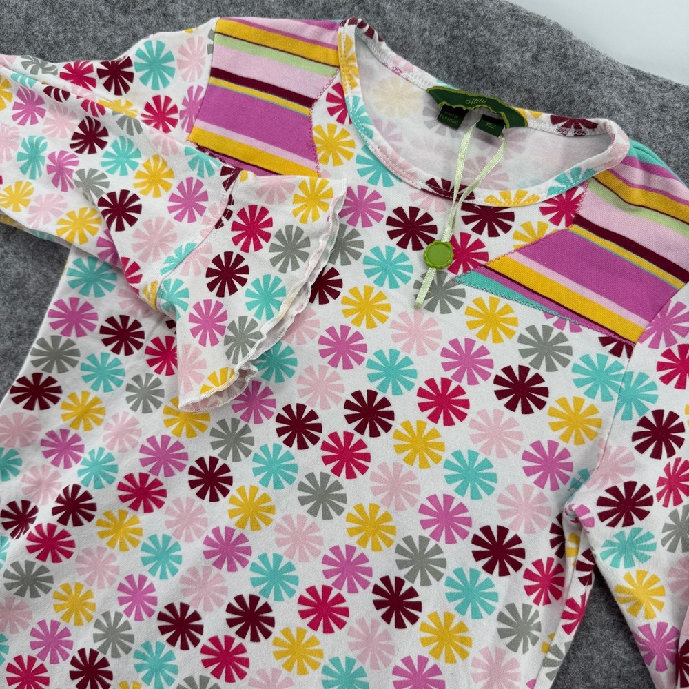 Oilily Long Sleeve Dress Kids 152 White Multi Floral Stripe Ruffle Hem